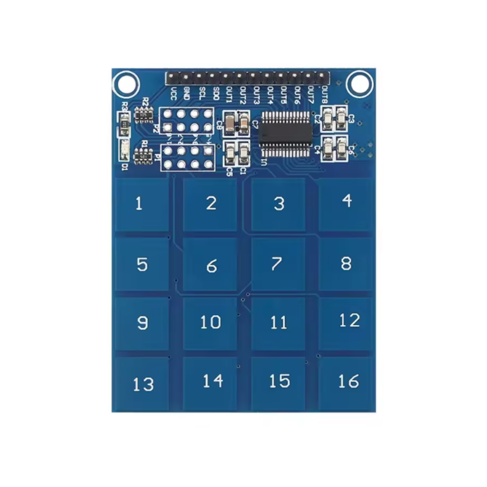 Blue electronic keypad with numbers on a white background