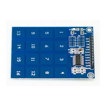 Blue electronic keypad module with labeled buttons on a white background