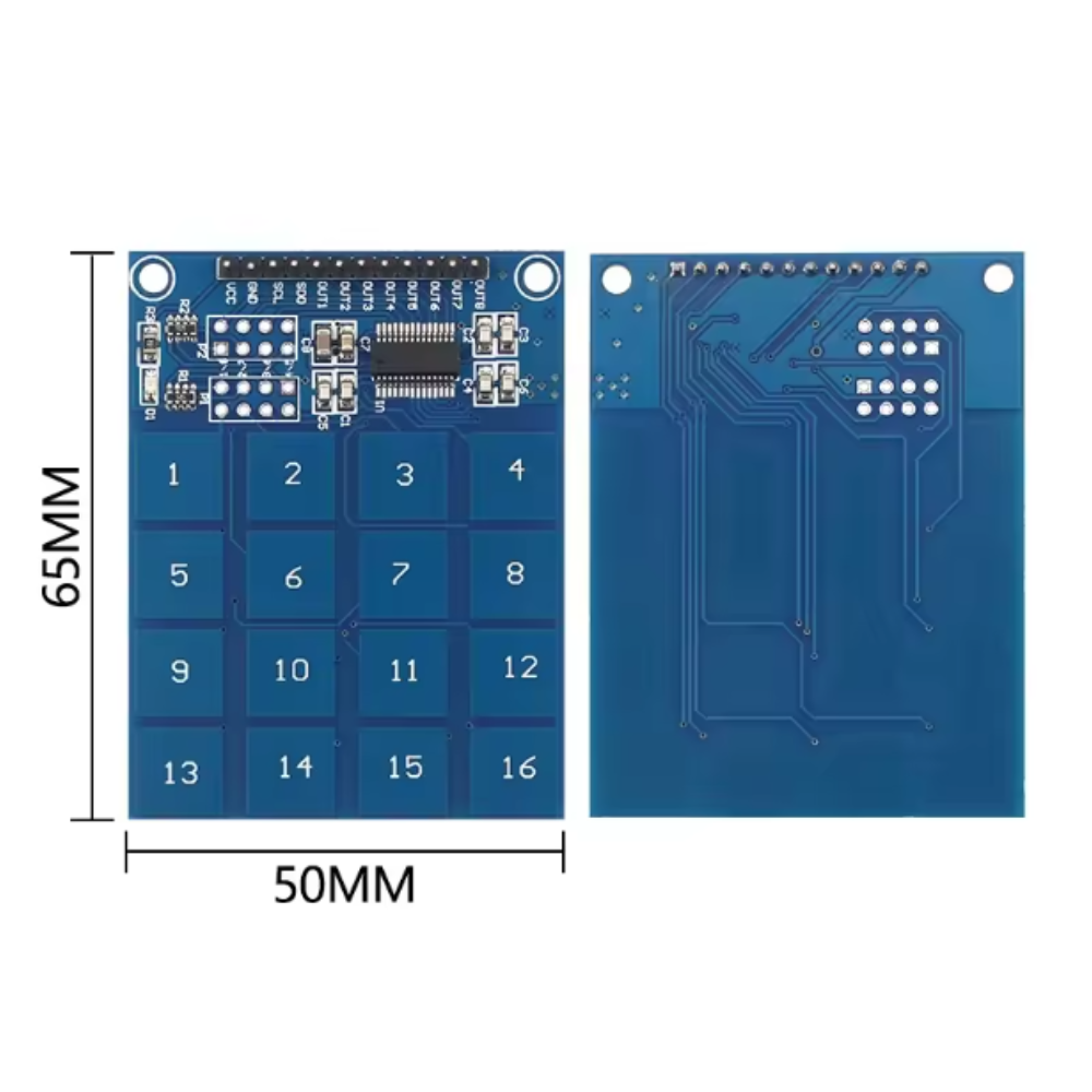 Blue electronic keypad module with dimensions on a white background