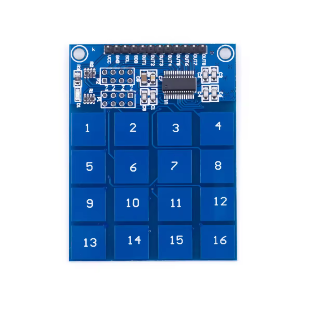 Blue electronic keypad with numbers on a white background