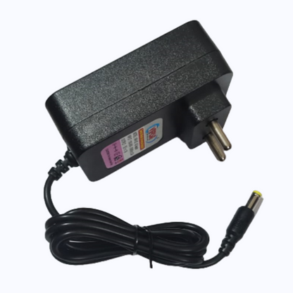 Black power adapter with cable on a white background