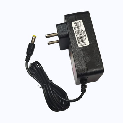 Black power adapter with a label on a white background