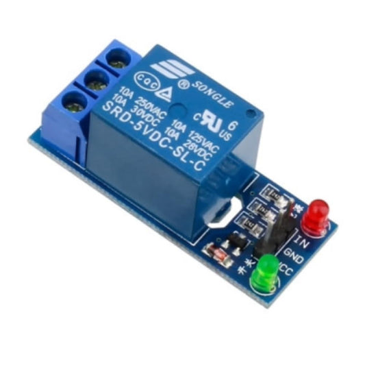 Blue relay module with various connectors and labels on a white background