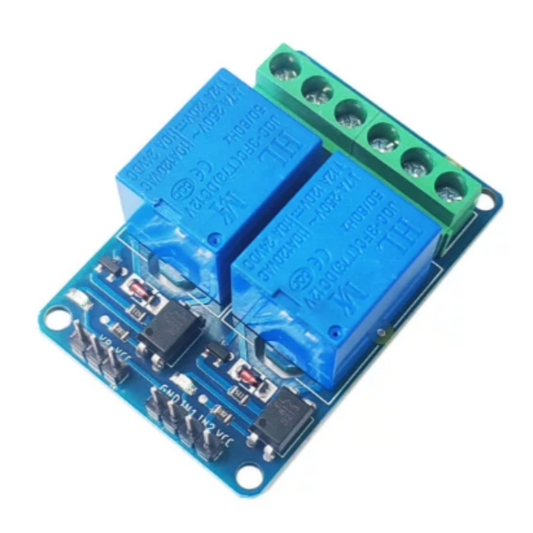 Blue relay module with green terminal block on a white background