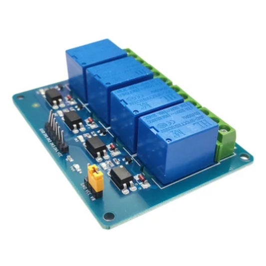 Electronic circuit board with blue relays on a white background