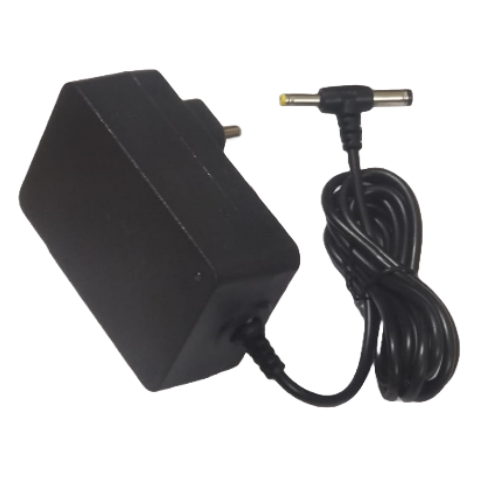 Black power adapter with a coiled cable on a white background