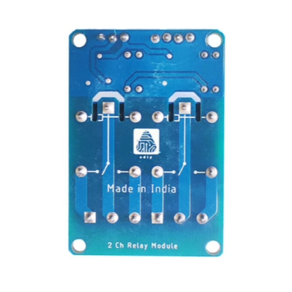 Blue 2 Ch Relay Module with 'Made in India' text on a white background