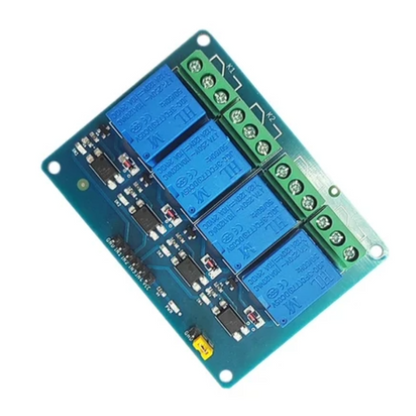 Electronic relay module with blue and green components on a white background