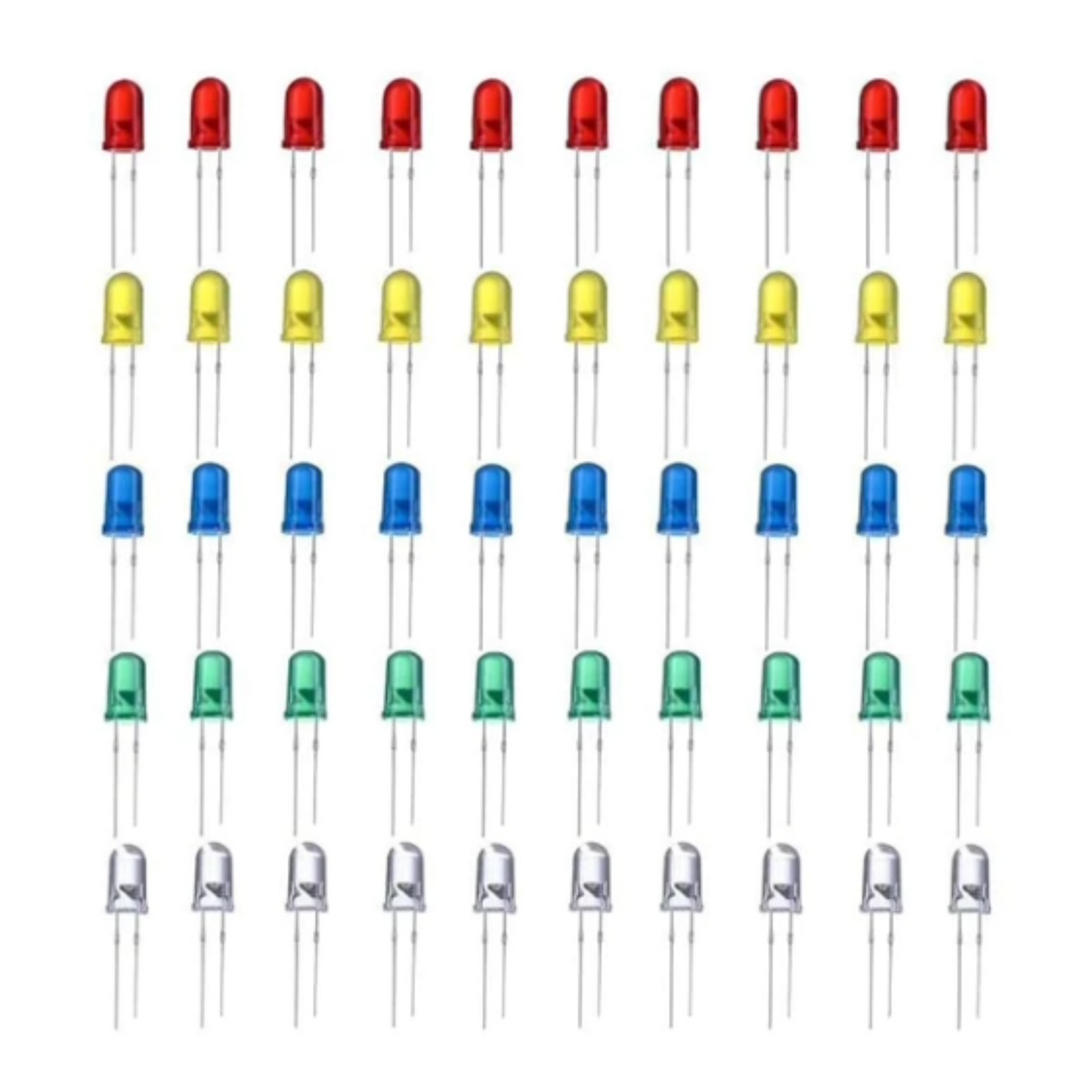 Set of red, yellow, blue, and green LEDs on a white background