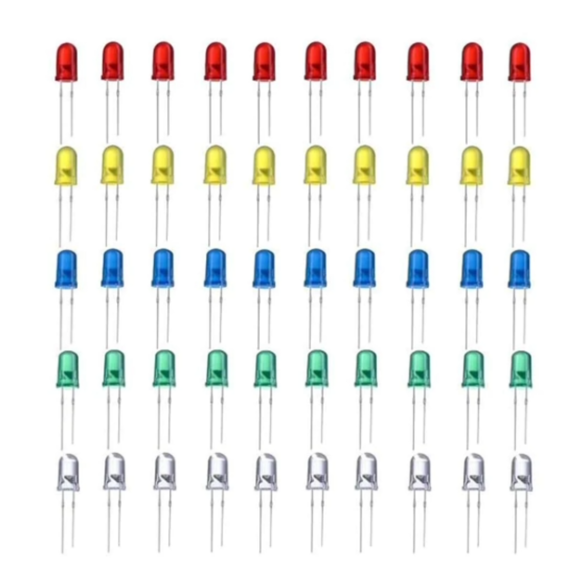 Set of red, yellow, blue, and green LEDs on a white background