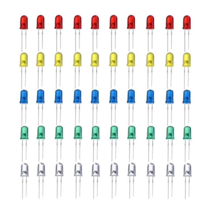 Set of red, yellow, blue, and green LEDs on a white background