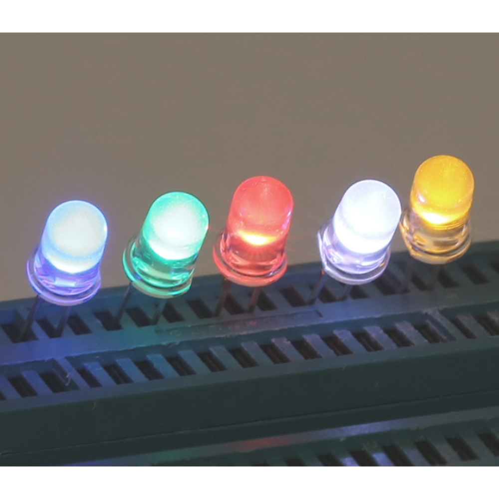 Set of colorful LED lights on a black strip with a gradient background