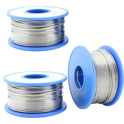 Three spools of solder wire with blue spool holders on a white background