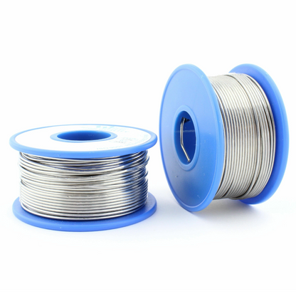 Two spools of solder wire with blue casings on a white background