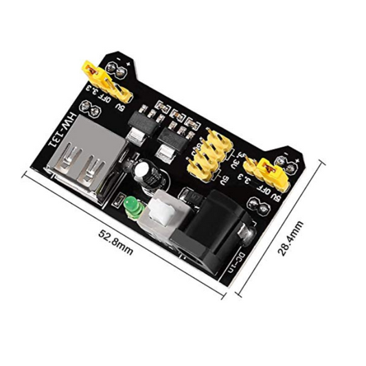 Electronic circuit board with labeled components and dimensions on a white background