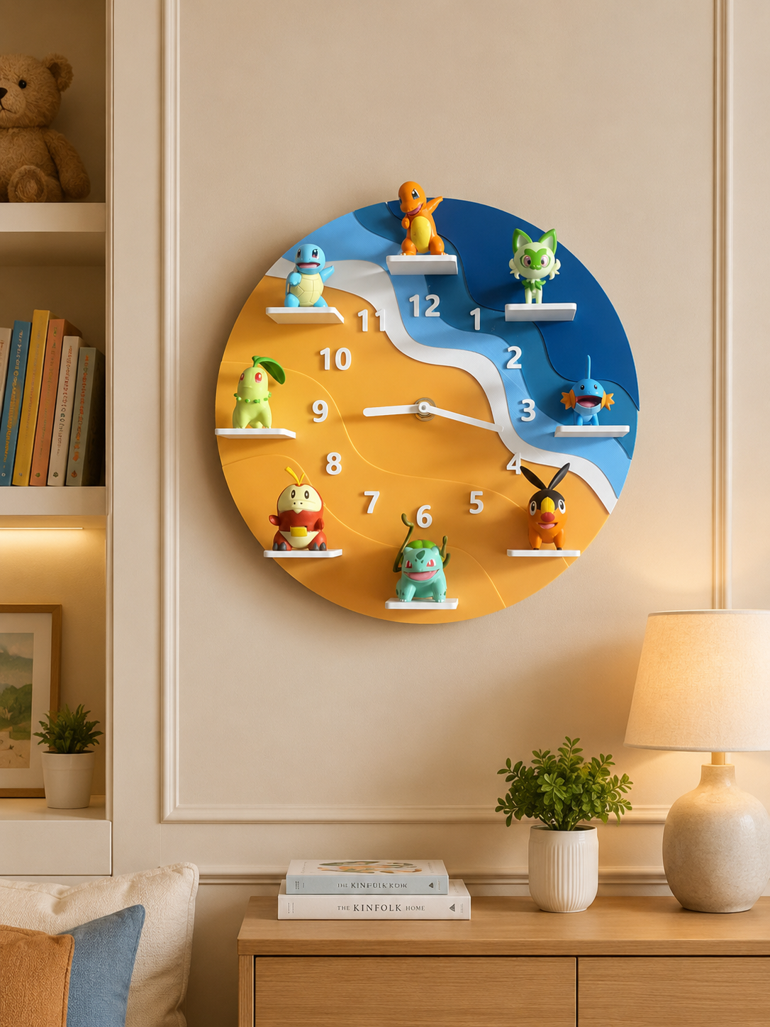 A round wall clock mounted on a beige wall in a styled room. The clock face is split diagonally into blue and yellow sections with white river-like lines, and each number is replaced by a small colorful cartoon character figure.