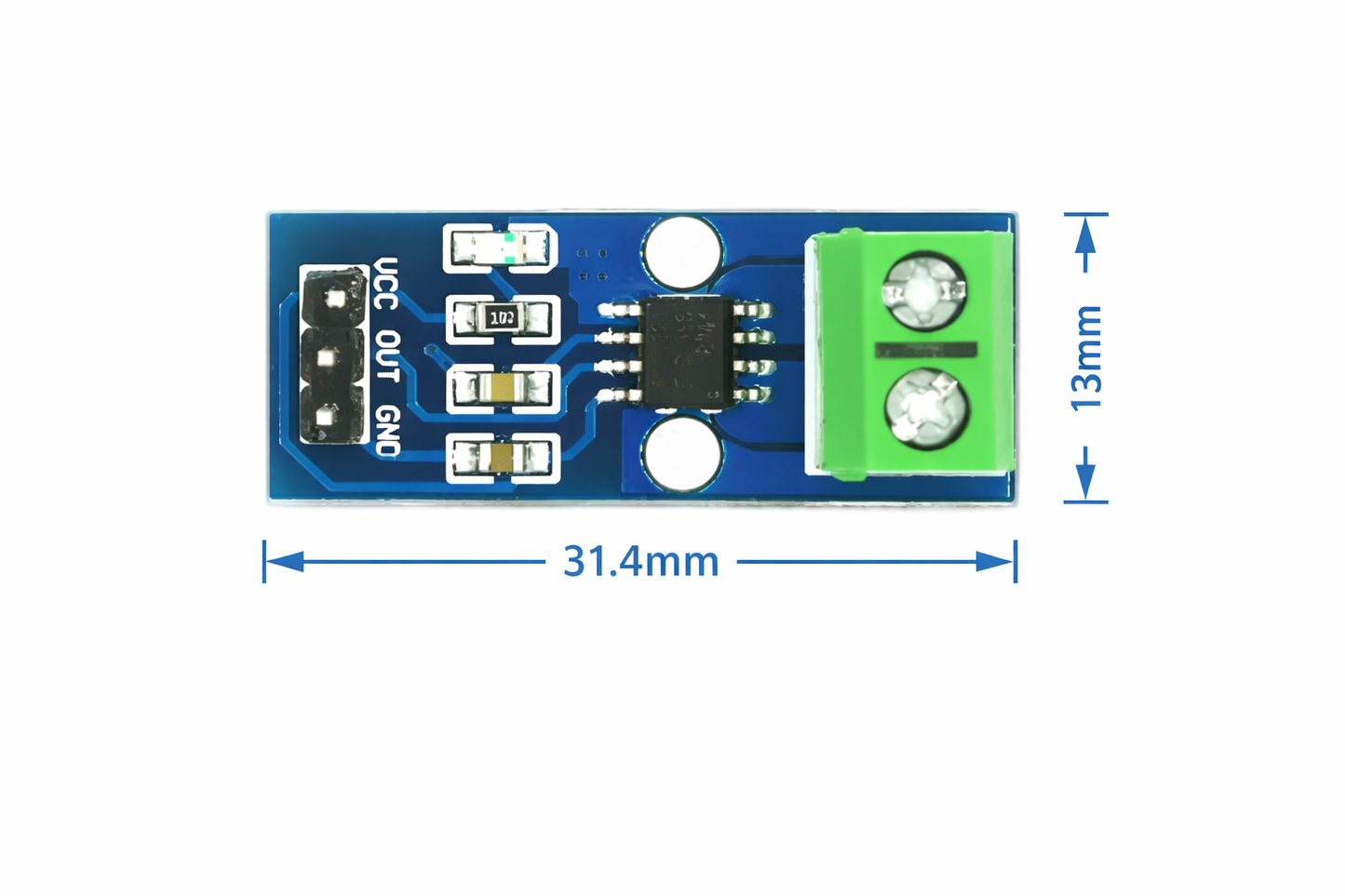 Electronic component module with dimensions labeled on a white background