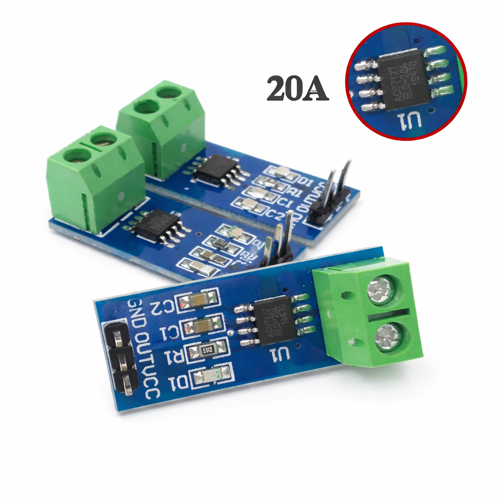 Electronic circuit board with green connectors and close-up of a component on a white background