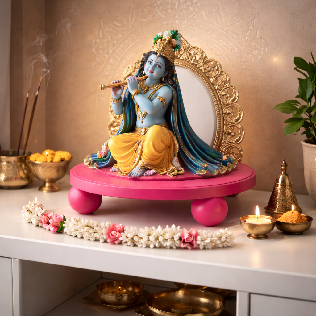 Colorful statue of a deity on a pink platform with incense sticks and offerings in the background.