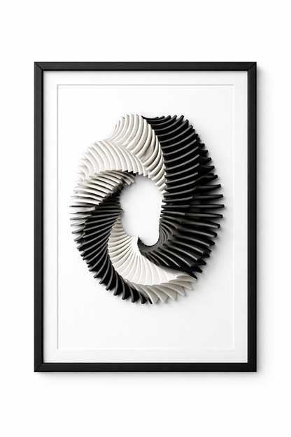 Framed black and white abstract art piece on a white background