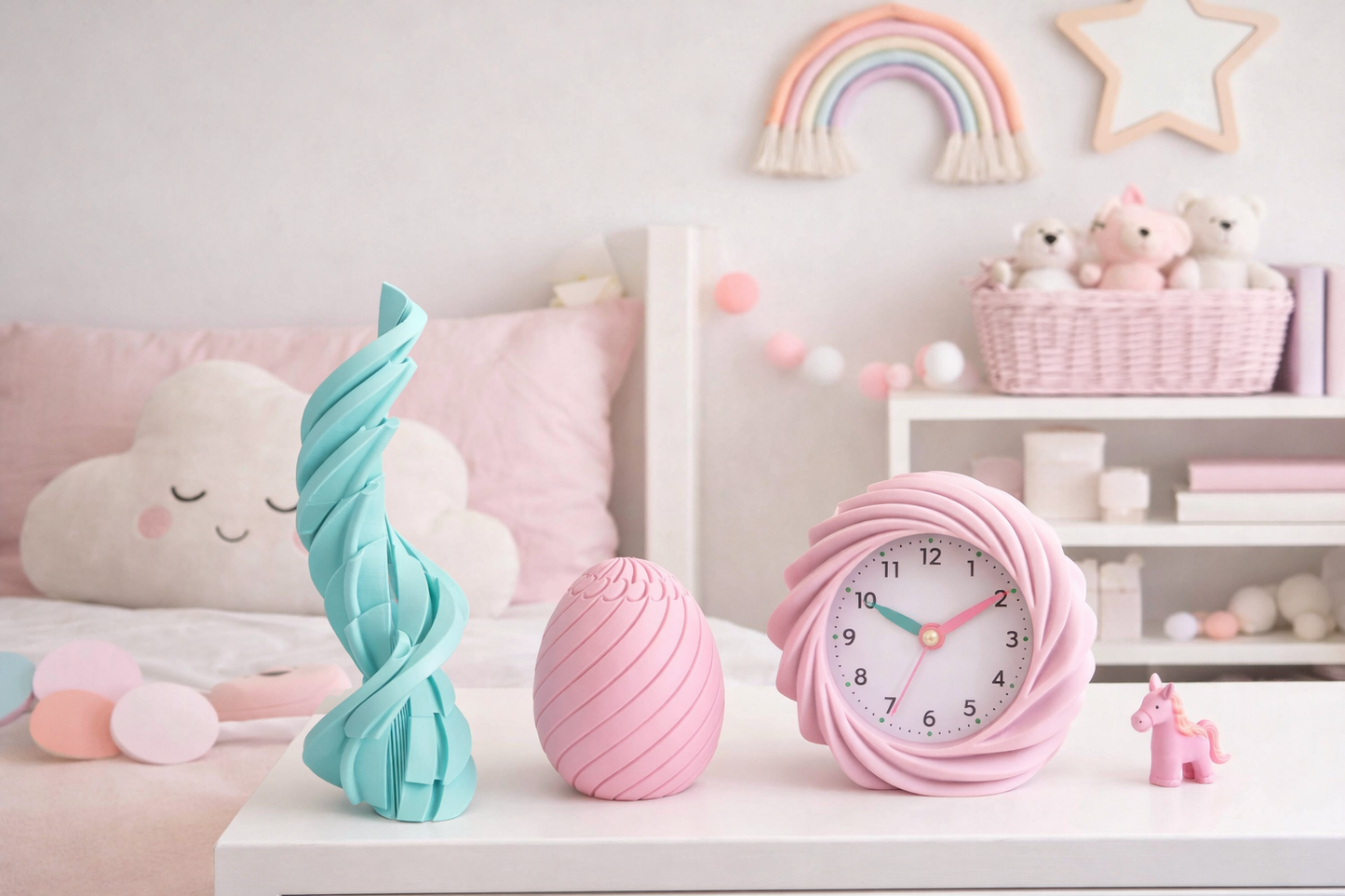 Children's room with pink clock, toys, and decorative items on a shelf.