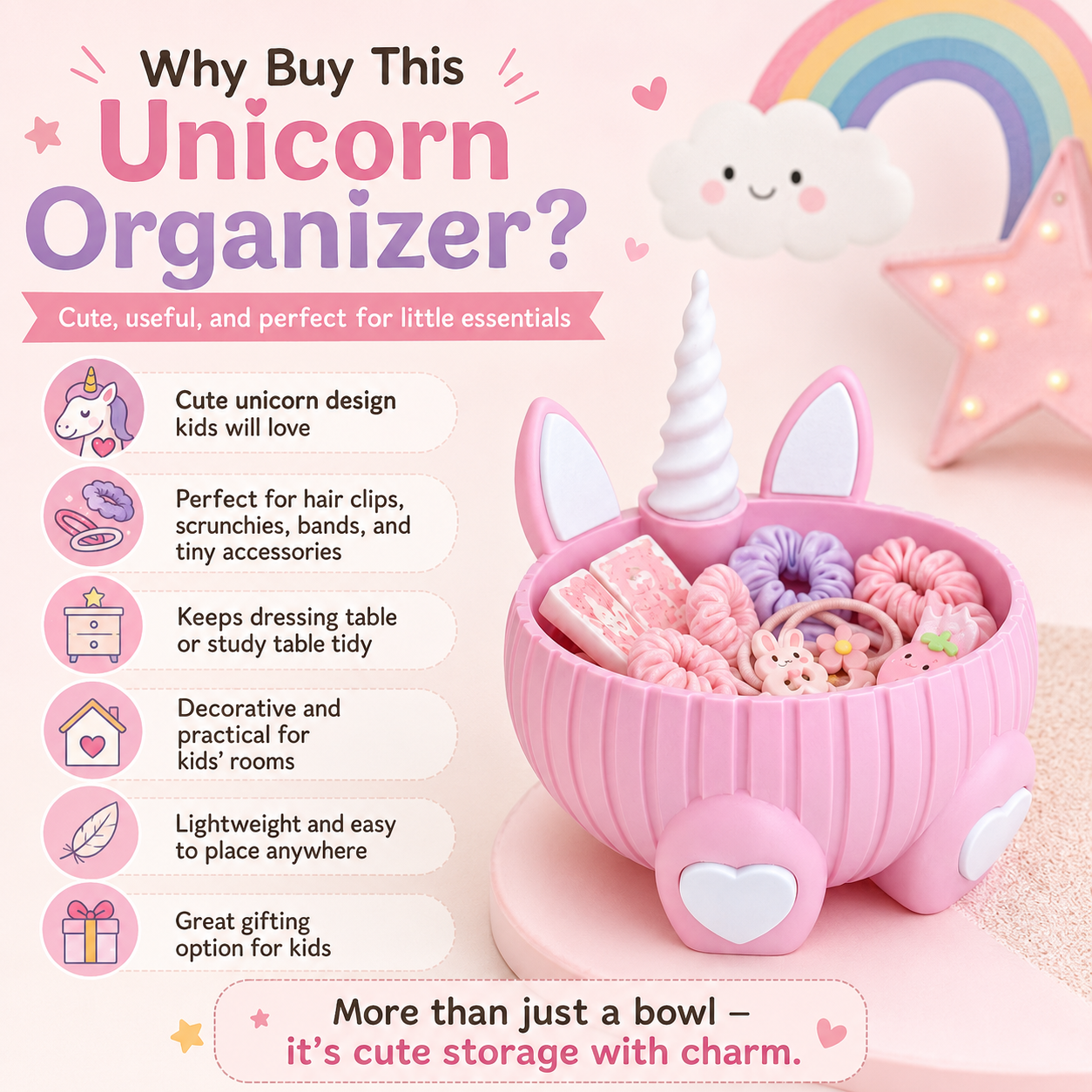 Pink unicorn-themed hair clip organizer bowl with a white horn and ear details, shown filled with pastel hair clips and accessories. The image includes marketing text on the left and decorative unicorn-themed graphics in the background.