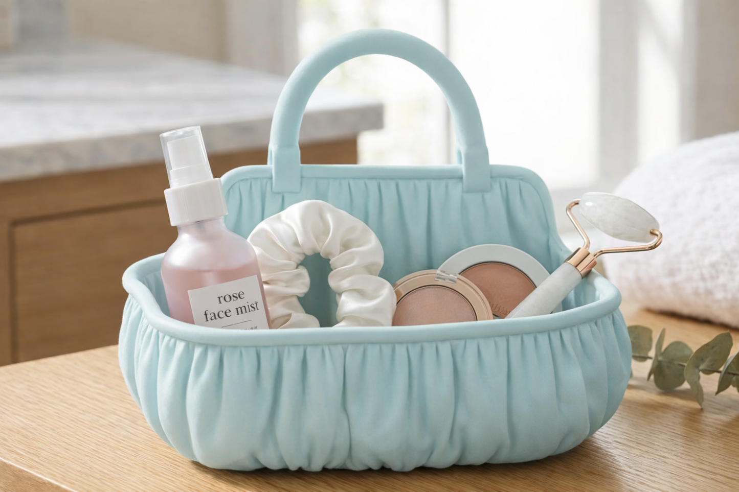 Light blue basket with skincare products on a wooden surface