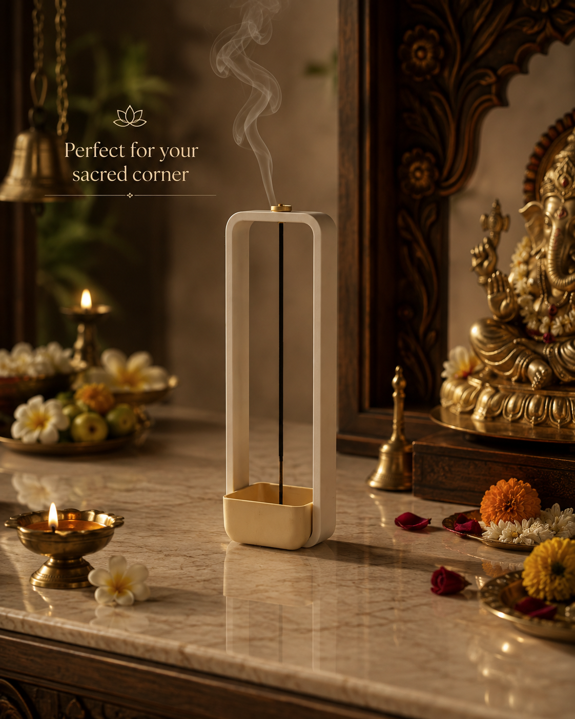 A tall rectangular incense burner with a white frame and gold base, shown on a marble altar with lit candles, flowers, and a decorative statue in a warm indoor setting. Text on the left reads 'Perfect for your sacred corner.