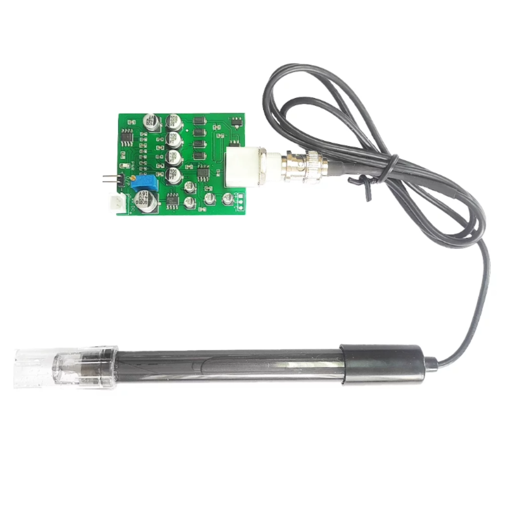 Electronic components including a green circuit board, a transparent probe with a cable, and a cylindrical component on a white background.