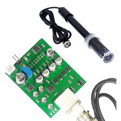 Electronic components including a green circuit board, black probe, and cables on a white background
