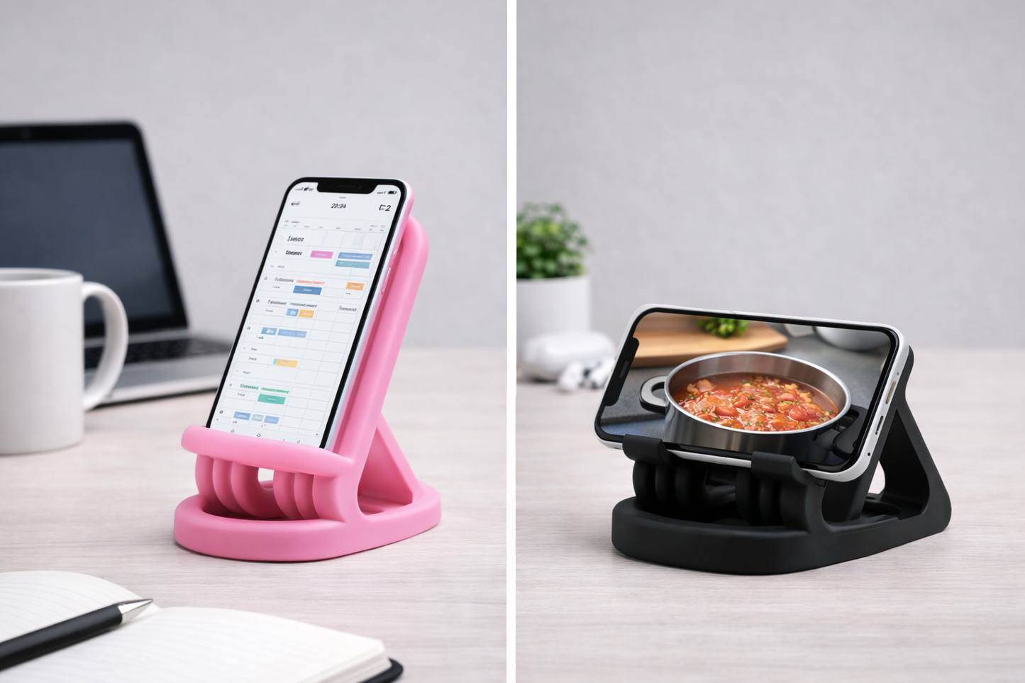 Pink phone stand with smartphone on a desk next to a black phone stand with a tablet displaying a recipe.