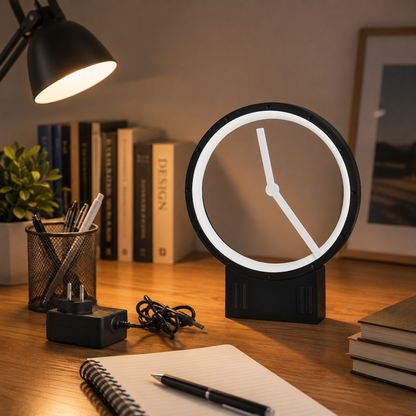 A modern round desk lamp with an illuminated white ring and black base, placed on a wooden desk next to a notebook, pen, power adapter, books, and a lamp.