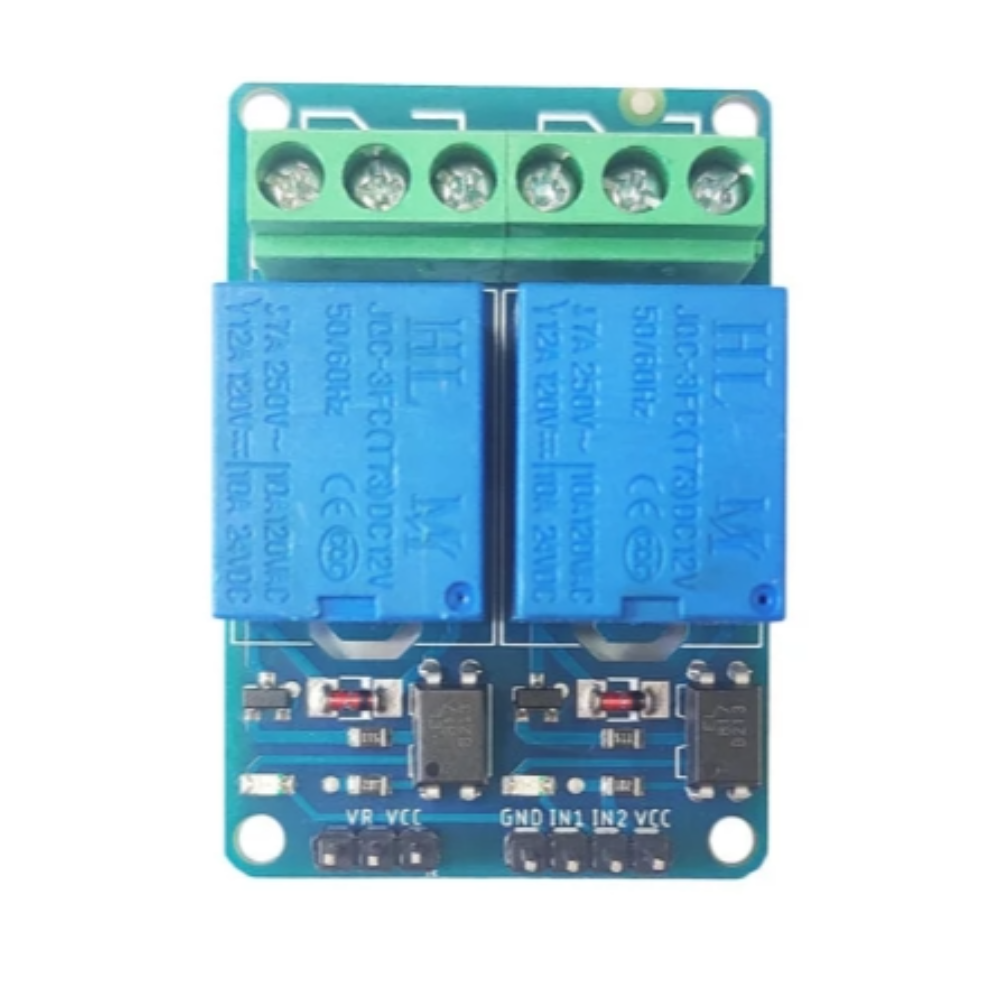 Relay module with blue and green components on a white background