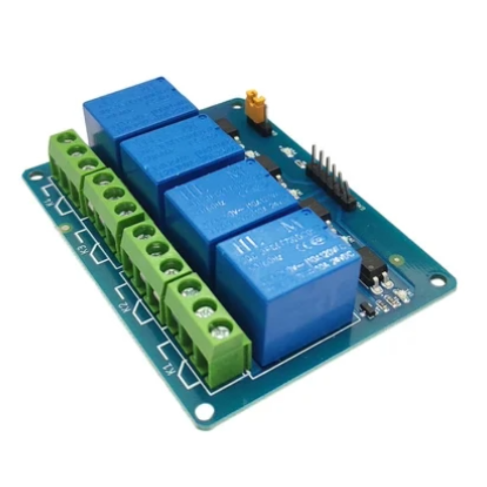 Electronic relay module with blue relays and green connectors on a white background