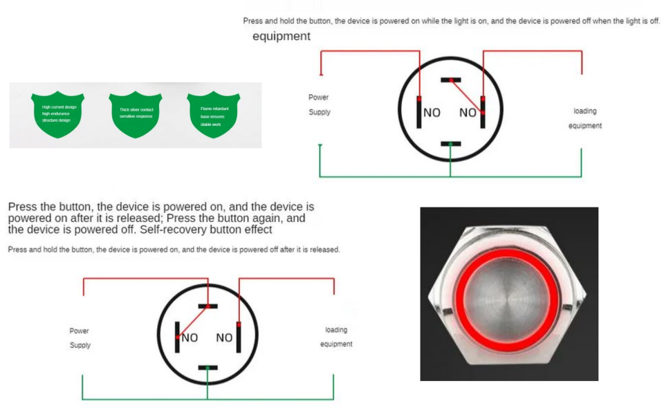 Diagram and close-up of a button with power supply and testing equipment illustrations.