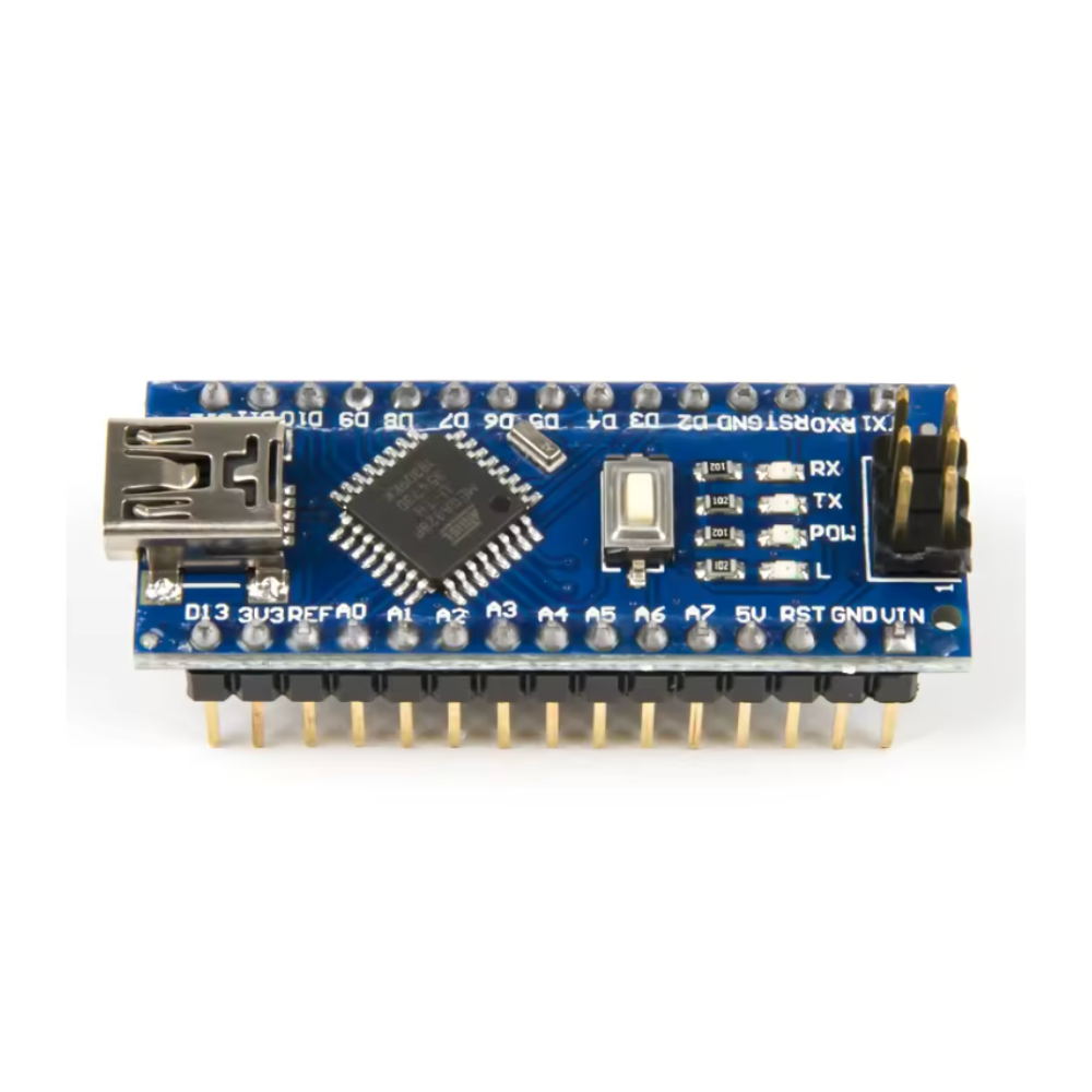 Blue Arduino Nano–compatible microcontroller board with USB-A port on a white background