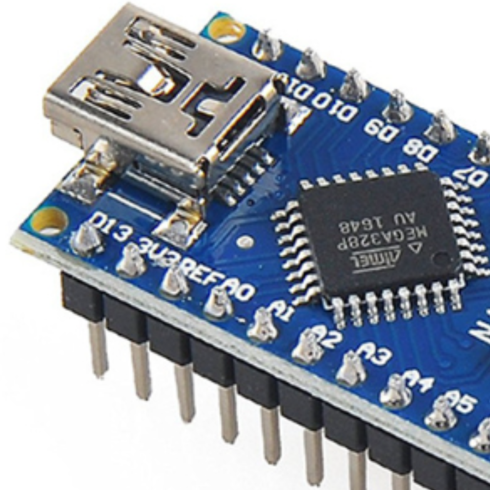 Close-up view of a blue Arduino Nano–compatible microcontroller board showing USB port and ATmega328P chip
