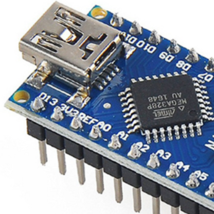 Close-up view of a blue Arduino Nano–compatible microcontroller board showing USB port and ATmega328P chip