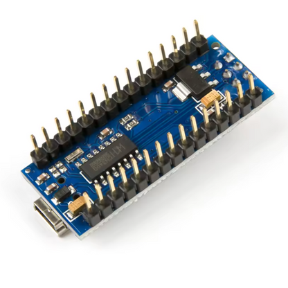 Rear-side angled view of a blue Arduino Nano–compatible microcontroller board showing pin headers and USB connector