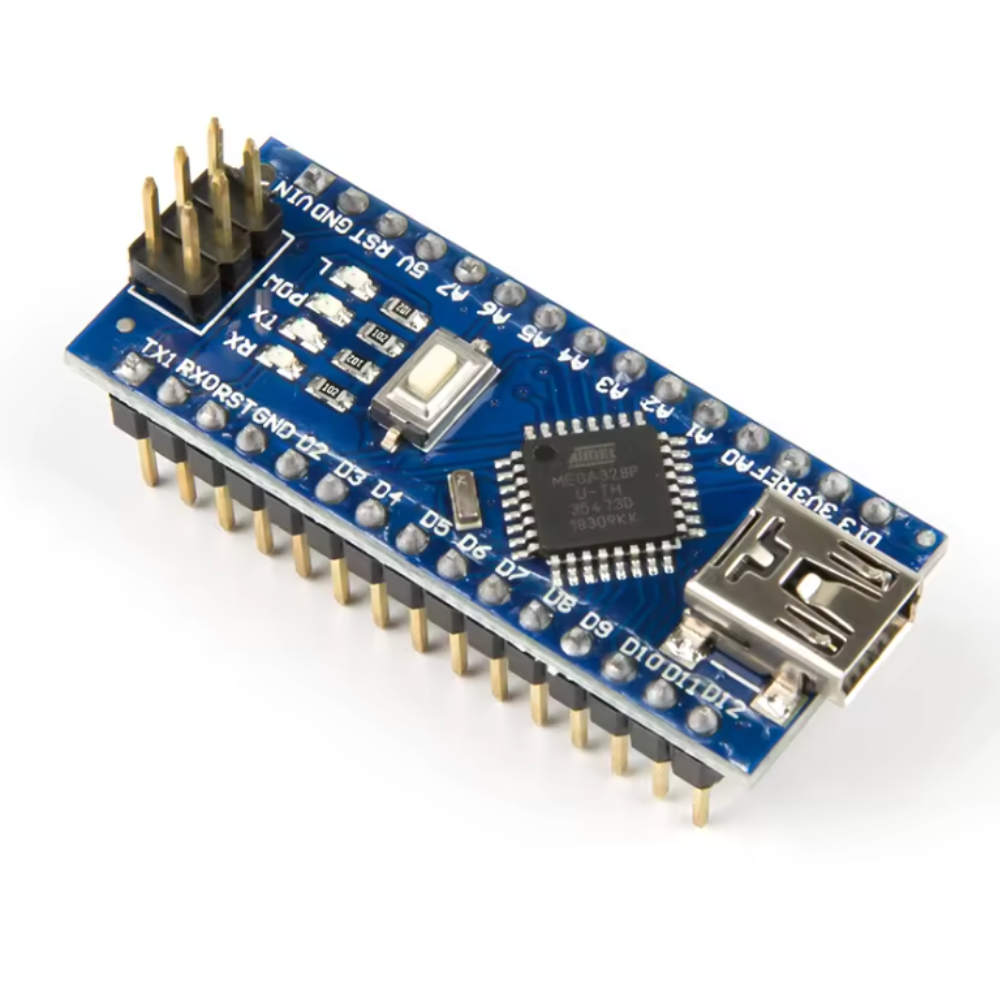 Top angled view of a blue Arduino Nano–compatible microcontroller board showing USB port, microcontroller chip, and pin headers