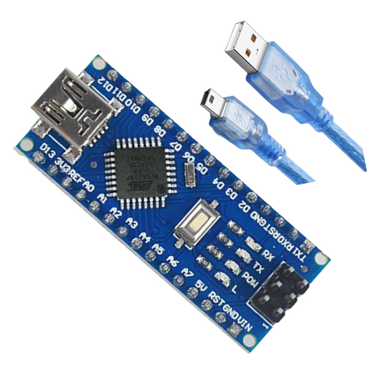 Arduino Nano Blue electronic circuit board with USB cables on a white background