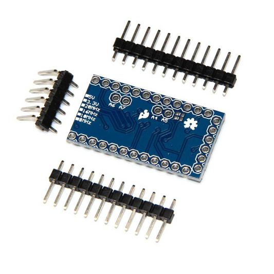 Arduino Pro Mini Blue electronic circuit board with header pins on a white background