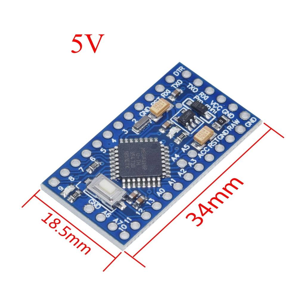 Arduino Pro Mini Blue electronic circuit board with dimensions labeled on a white background
