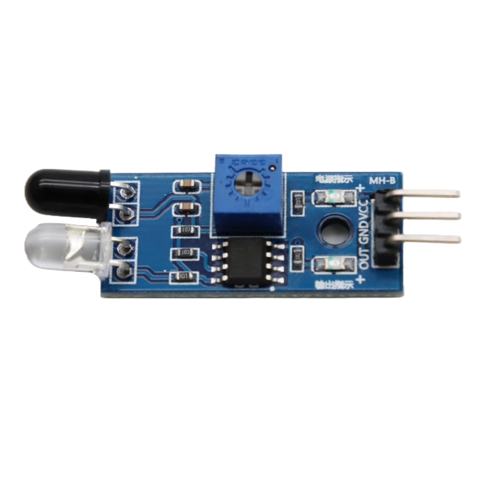 Electronic sensor module with blue circuit board on a white background