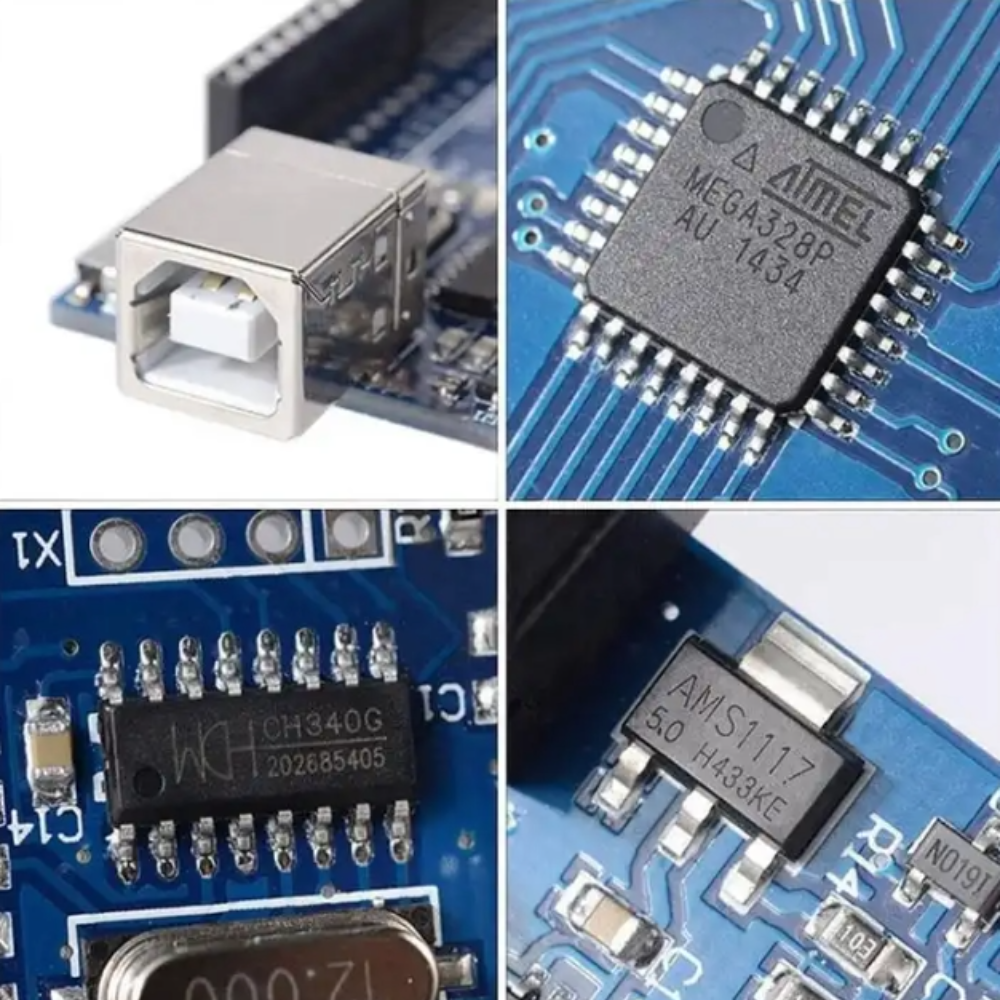 Close-up of electronic components on a circuit board with visible brand names.