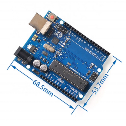 Arduino Uno circuit board with dimensions labeled on a white background