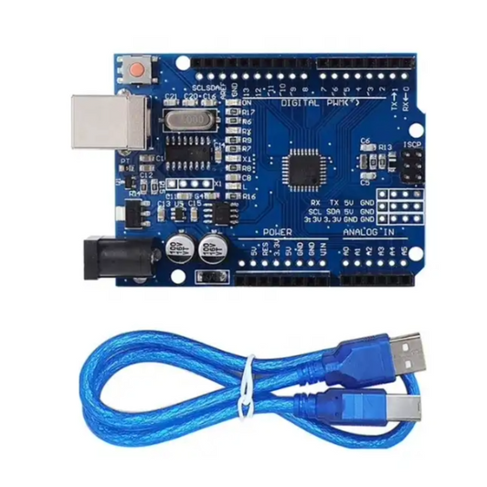 Arduino Uno circuit board with USB cable on a white background