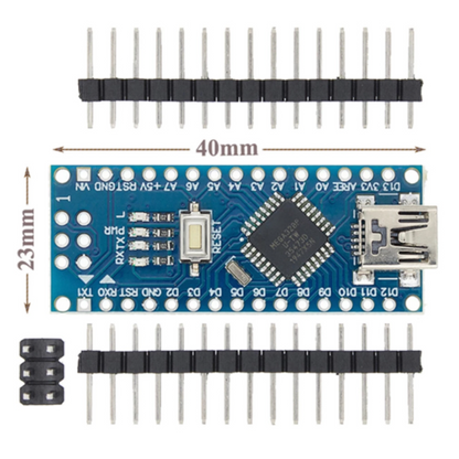 Arduino nano Electronic component board with USB connector and header pins on a white background