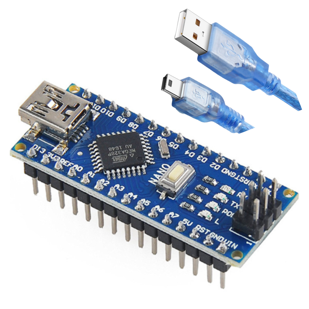 Arduino Nano Microcontroller board with USB connectors on a white background