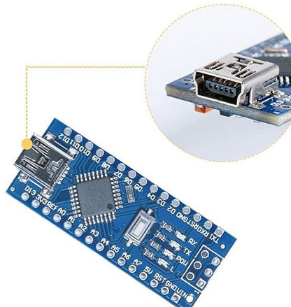 Arduino nano Connector Electronic component board with USB connector on a white background